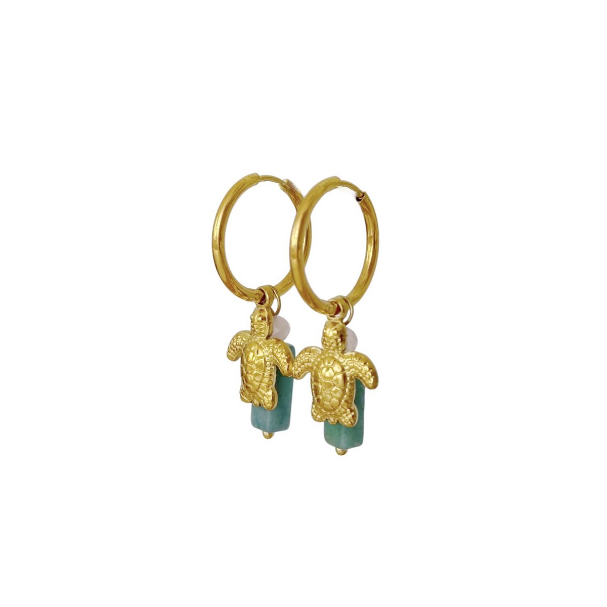 Turtle Amazonite and Rose Quartz Earrings - Gold