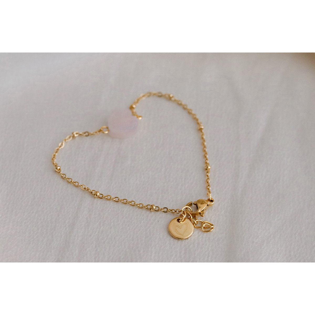 Rose Quartz Heart Bracelet & Heart Charm - Gold