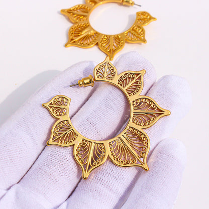 Filigree Style Lotus Flower Hoop Earrings