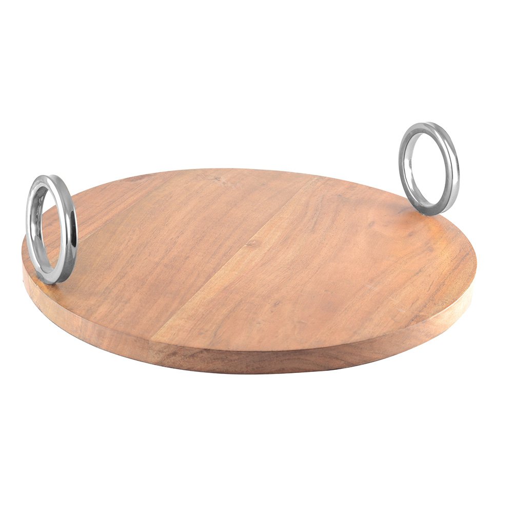 ROUND WOODEN TRAY WITH SILVER HANDLE 38X38X11CM