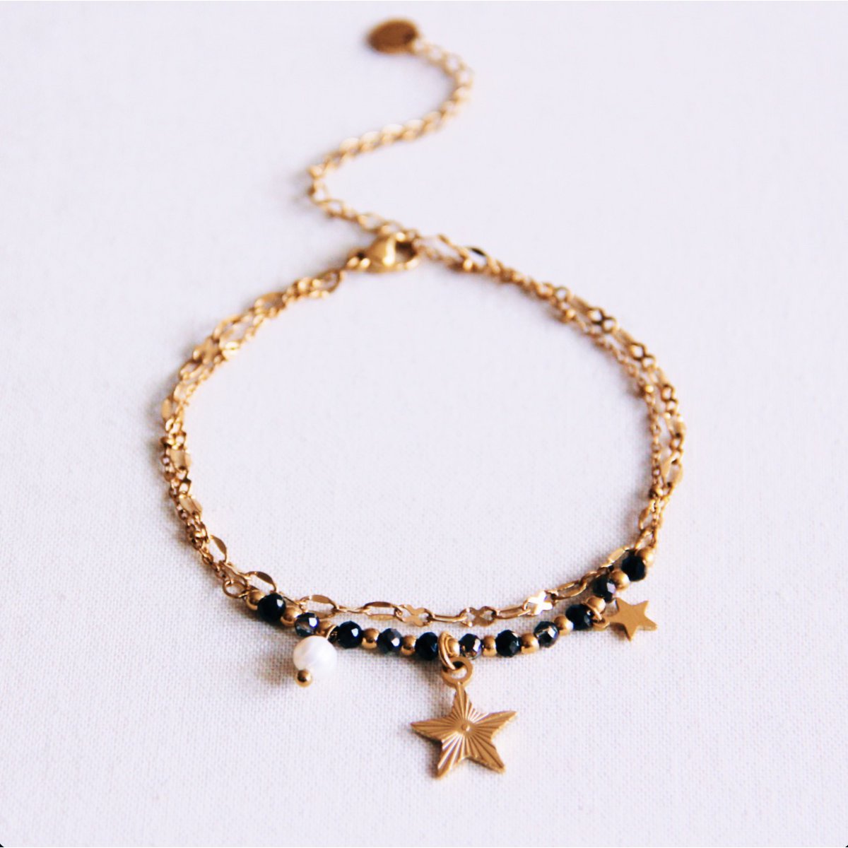 Stainless steel double bracelet with mini facets and star - anthracite/gold