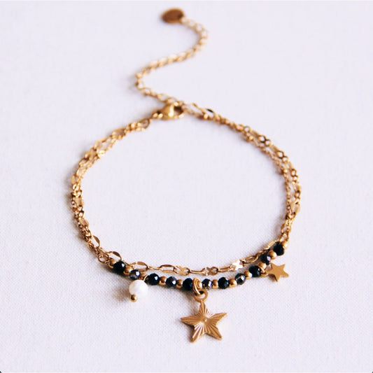 Stainless steel double bracelet with mini facets and star - anthracite/gold