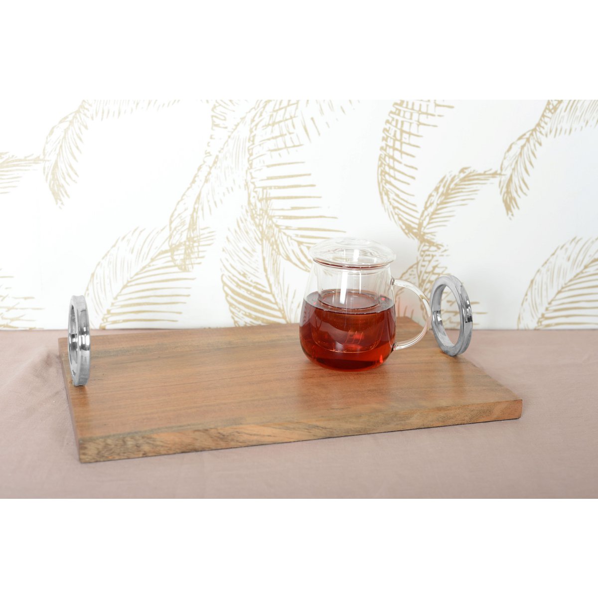 RECTANGULAR WOODEN TRAY WITH SILVER HANDLE 40X26X11CM