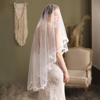 Mid-Length Double Tulle Bridal Veil - Lace Lining - Iron Before Use