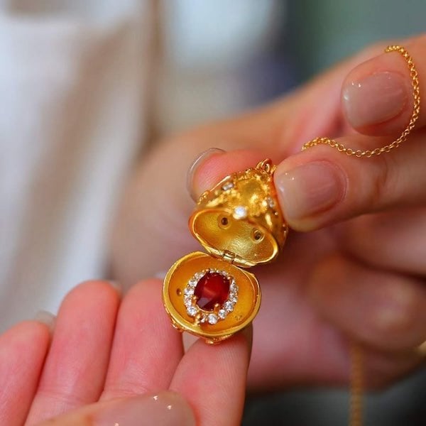 Real Ruby Royal Gold Egg Locket Pendant Necklace