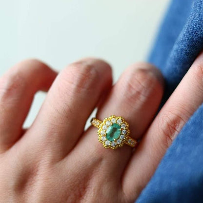 Emerald Gemstone Flower Ring - Real Emerald-adjustable