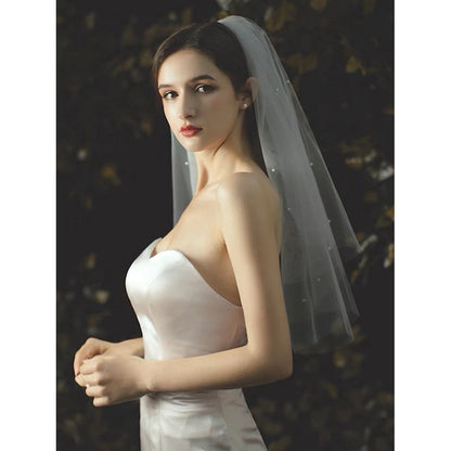 Elegant Two-tire Bride Veil with Small Pearls