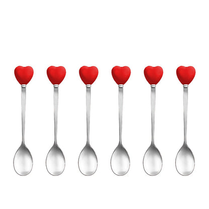 Red heart teaspoons with holder - set of 6