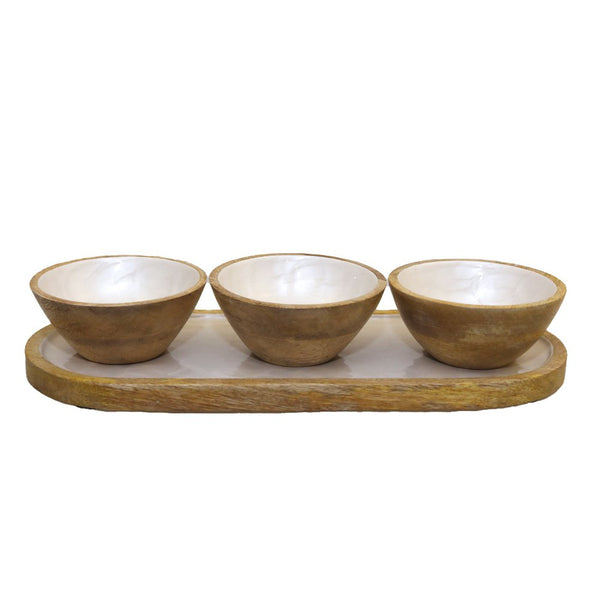Aperitif set of 3 white cups on white wooden tray