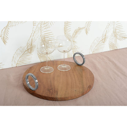 ROUND WOODEN TRAY WITH SILVER HANDLE 38X38X11CM