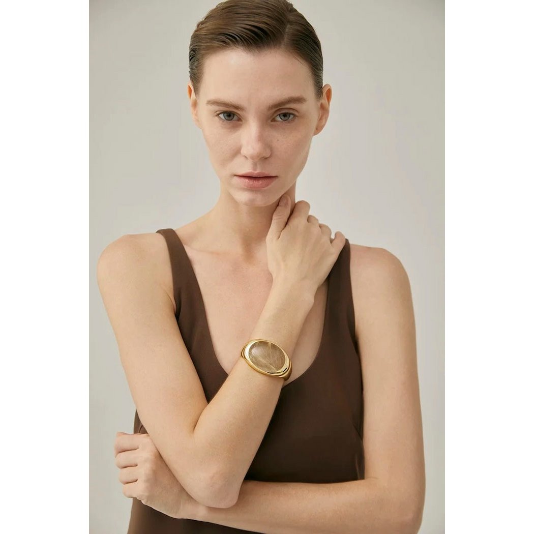 Bold Minimalist Gold Rutilated Quartz Wide Bangle
