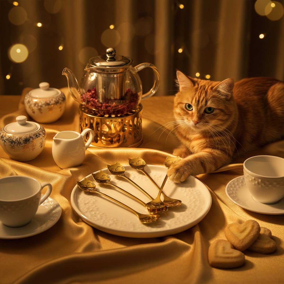 Golden cat teaspoons - set of 6