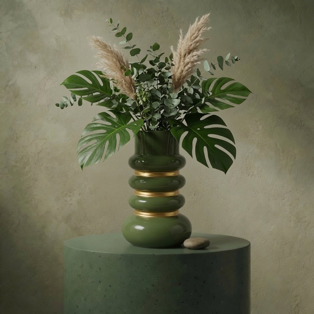 Corrugated green metal vase 20.2x20.2x30.2cm