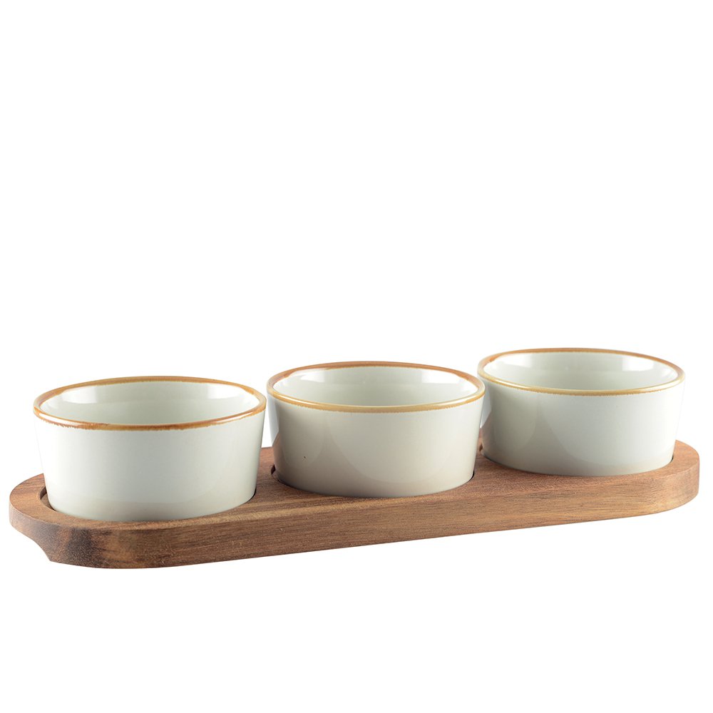 APERITIF SET OF 3 CUPS ON WOODEN TRAY 29X10CM