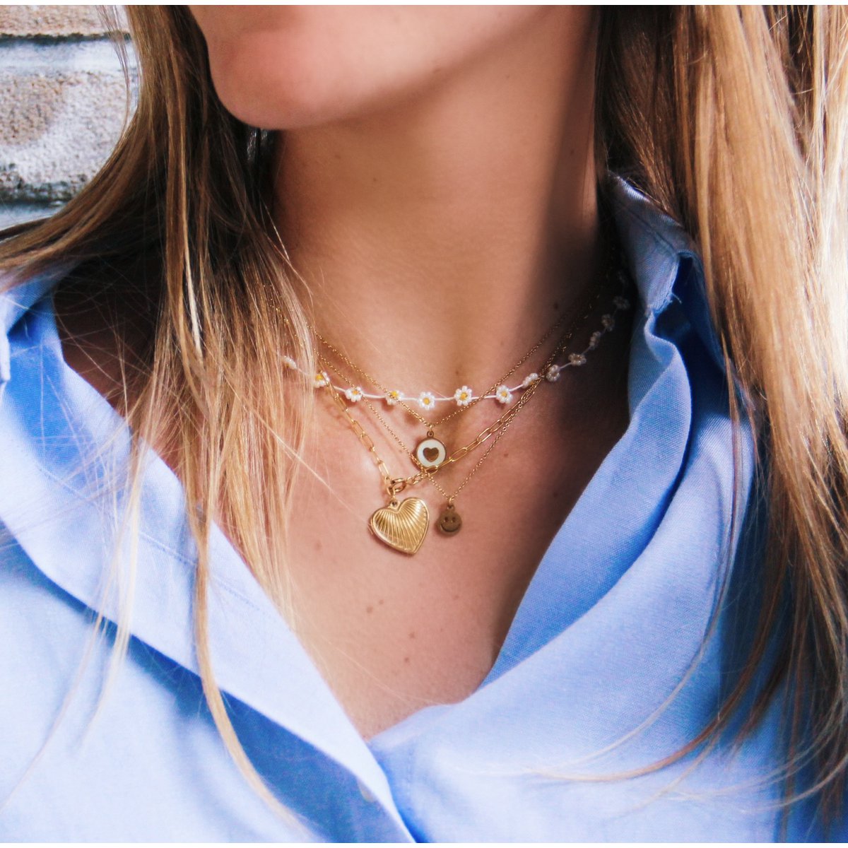 Stainless steel fine chain with smiley - gold