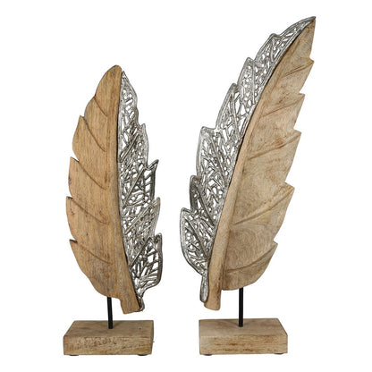 Mango wood/aluminum sculpture leaf "Jali" H.52cm