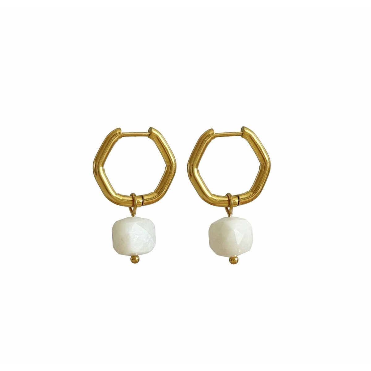 Hexagon Moonstone Earrings - Gold