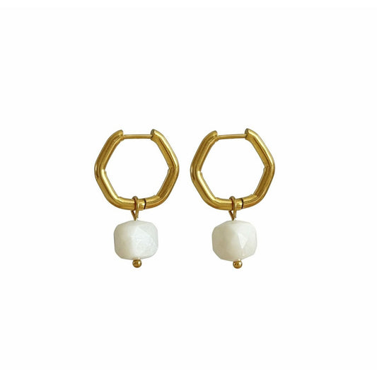 Hexagon Moonstone Earrings - Gold