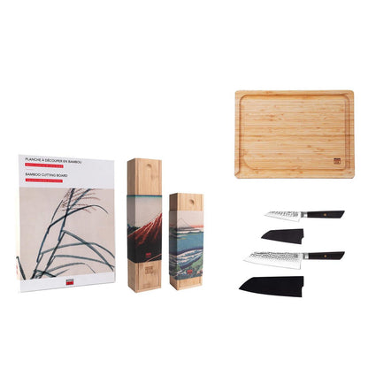 Knives and Kitchen Accessories Set - Bunka Starter Set Deluxe: 2 knives (Bunka paring knife + Bunka Santoku) + bamboo cutting board