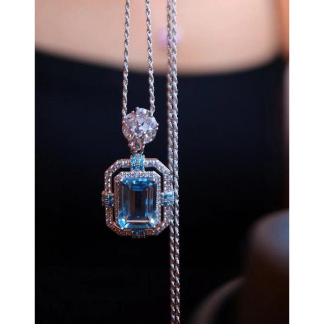 Sparkling Blue Topaz Square Pendant Necklace