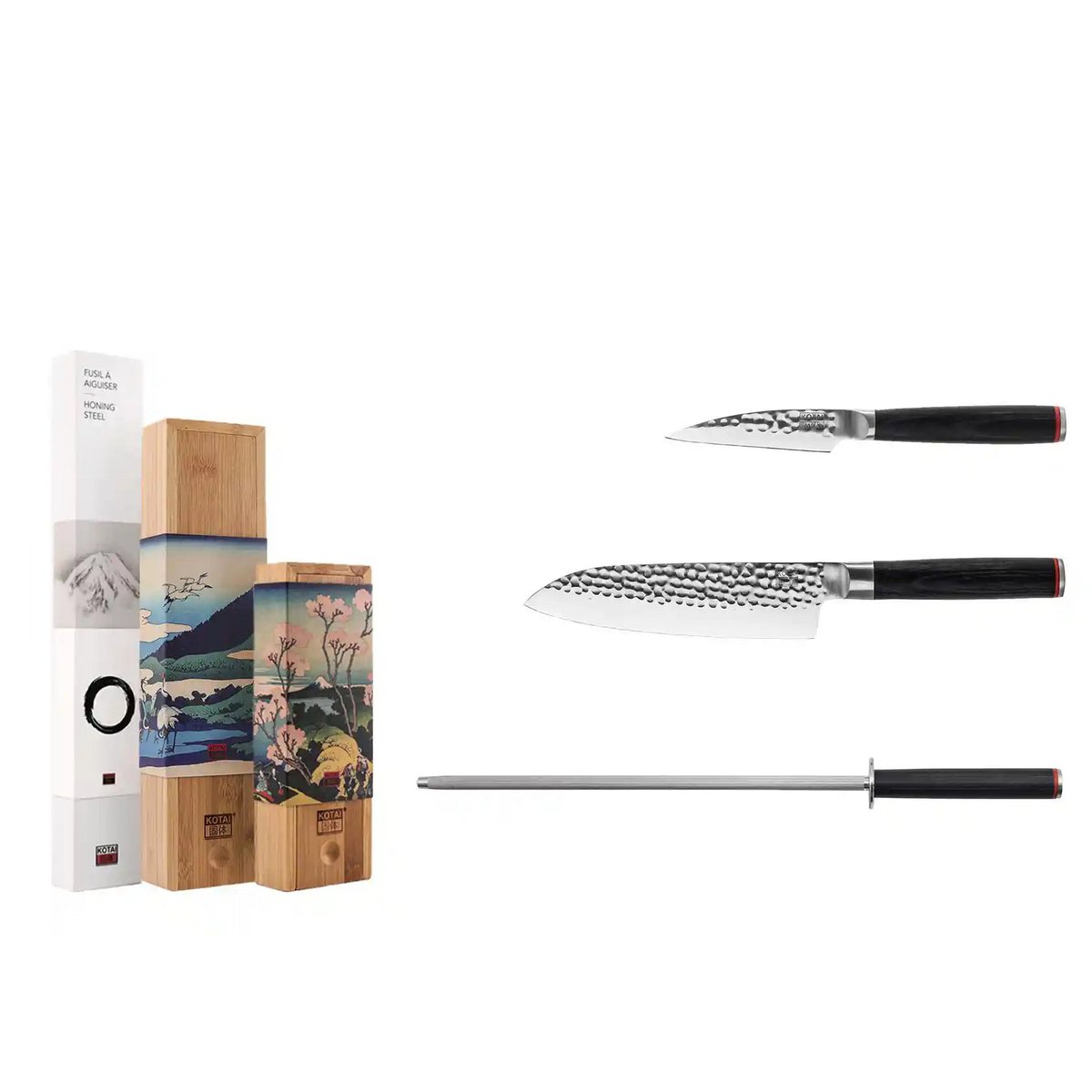 Knives and Kitchen Accessories Set - The Starter Set Deluxe Edition (A): 2 knives (paring knife + Santoku) + honing steel