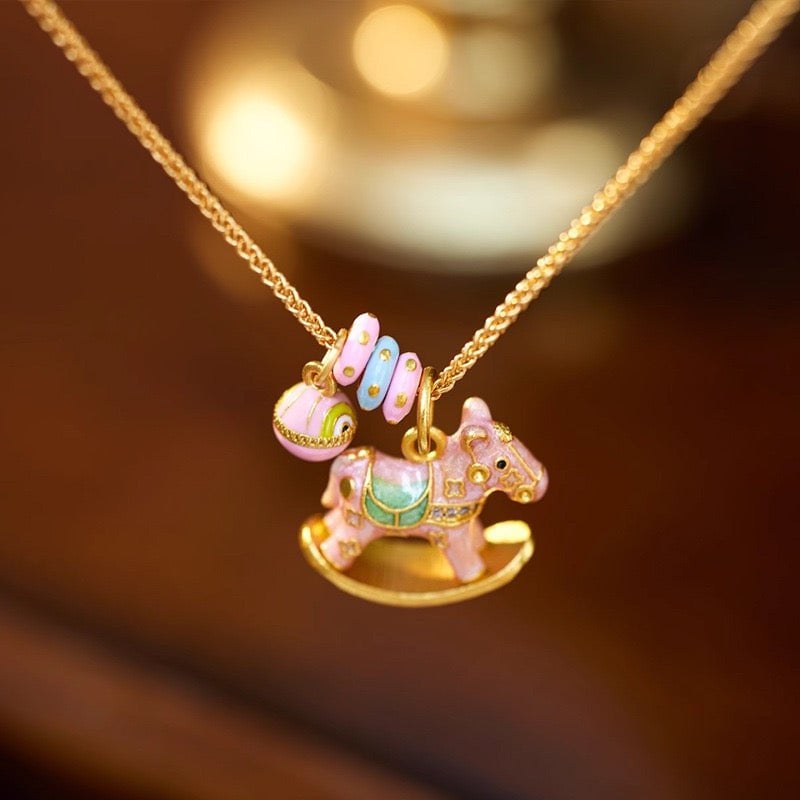 Enchanted Enamel Rocking Horse Charm Necklace