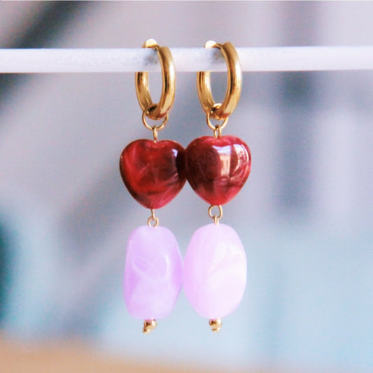 Wide hoop with nugget and heart - lilac/bordeaux