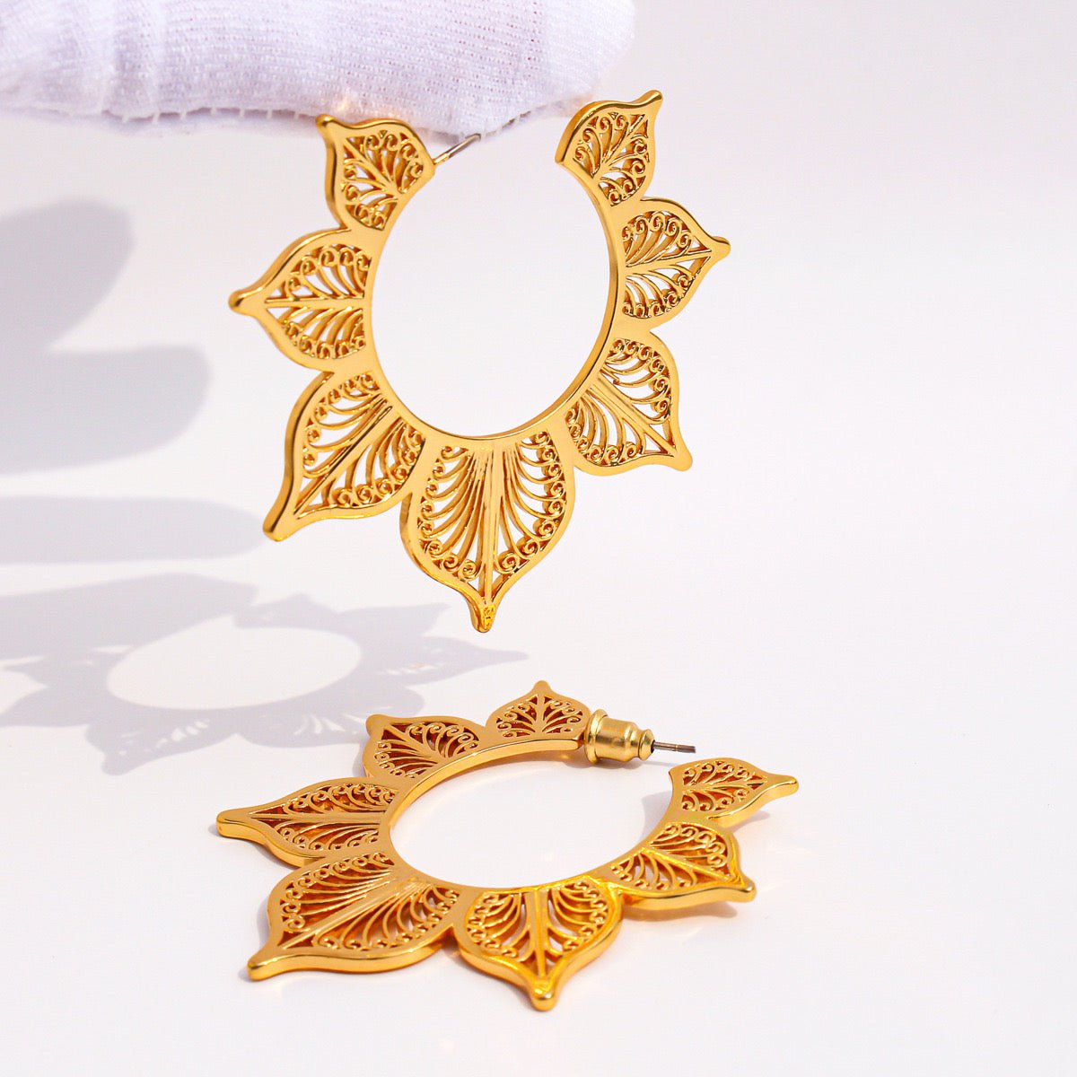 Filigree Style Lotus Flower Hoop Earrings