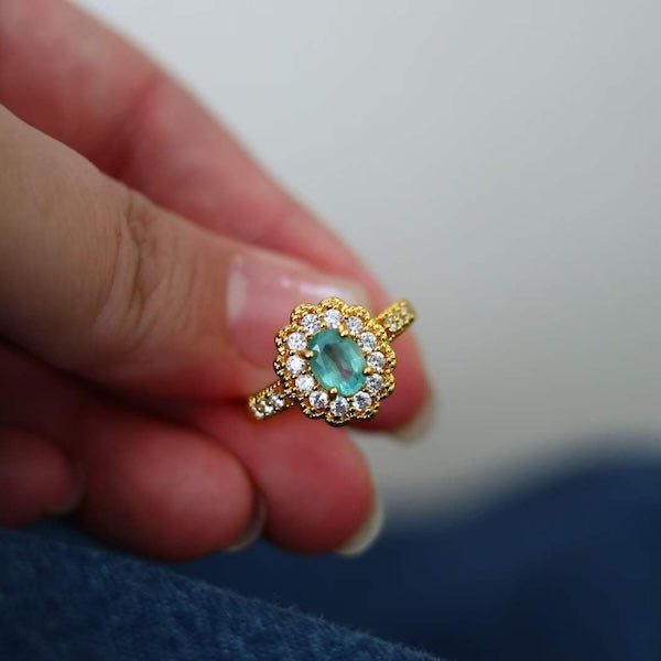 Emerald Gemstone Flower Ring - Real Emerald-adjustable