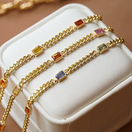 Gold Vermeil Cuban Chain Bracelets with Rainbow Stones