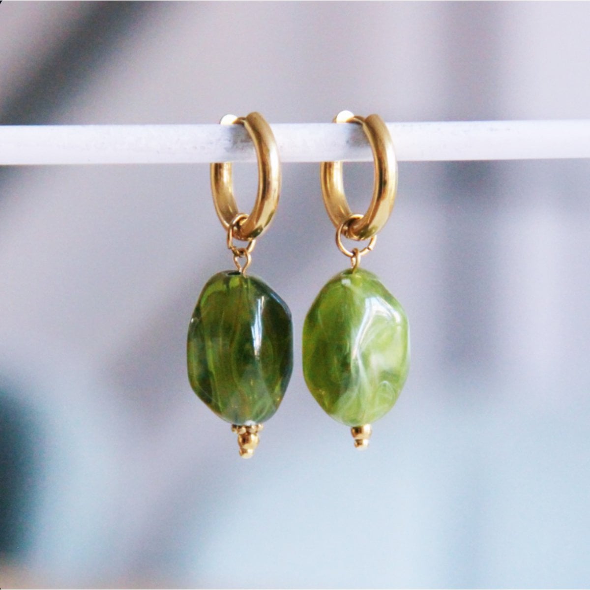 Wide hoop with nugget charm - green