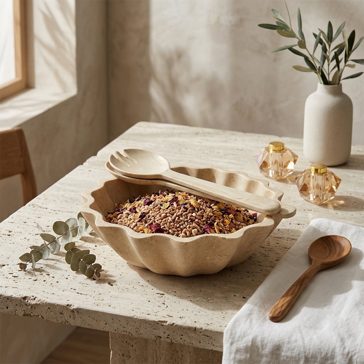 Corolla salad bowl in travertine effect resin