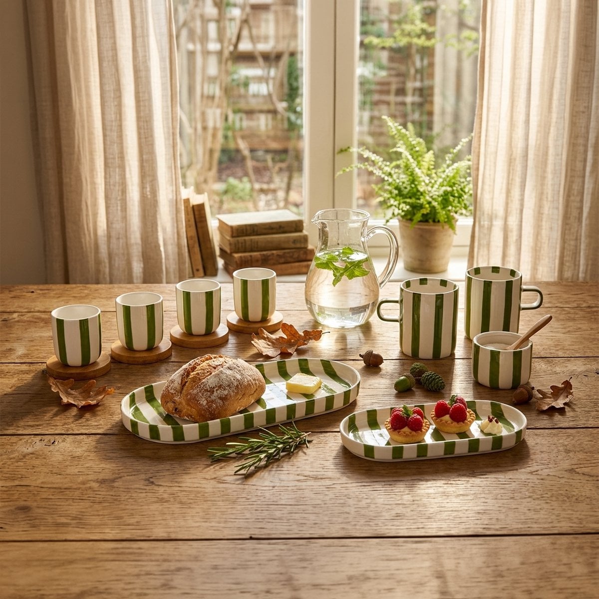 Green striped coffee cups with wooden saucers - set of 4