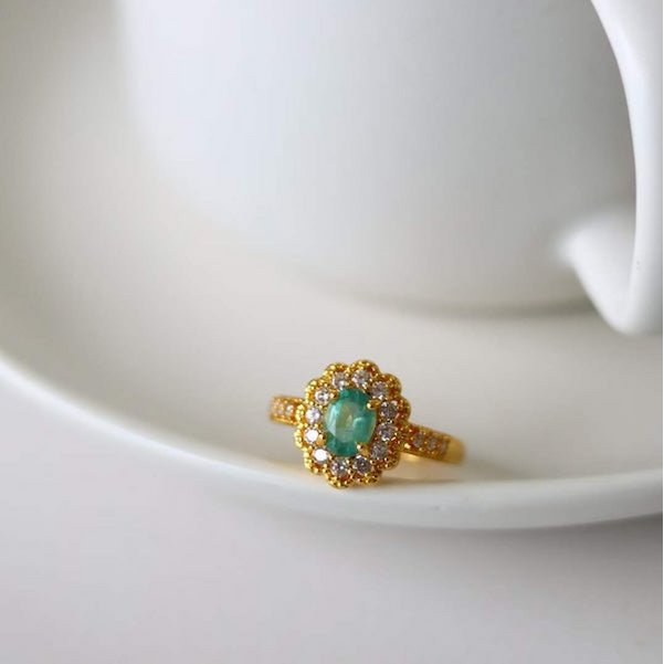 Emerald Gemstone Flower Ring - Real Emerald-adjustable