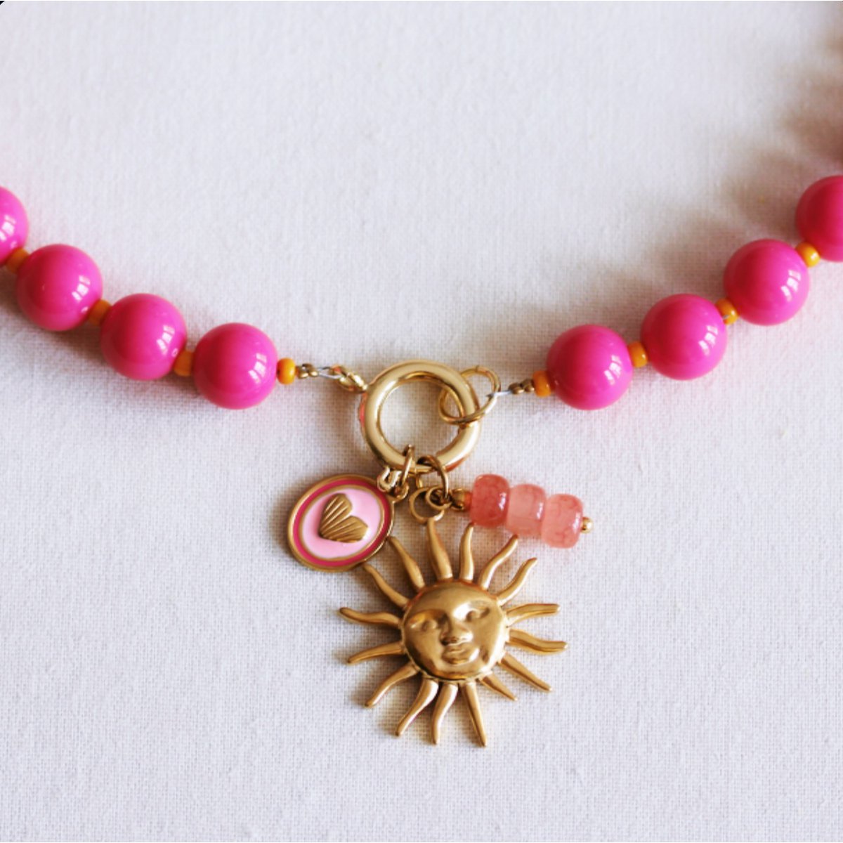Beaded necklace with Miyuki beads with charms - fuchsia/orange
