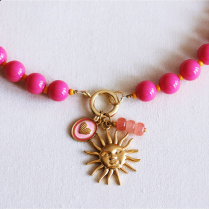 Beaded necklace with Miyuki beads with charms - fuchsia/orange