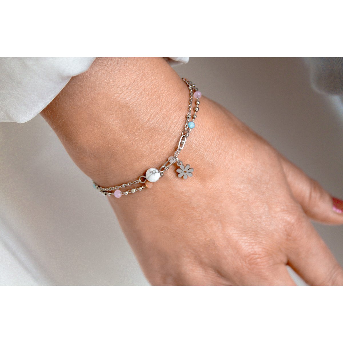 Bracelet Howlite & Flower Charm - Silver