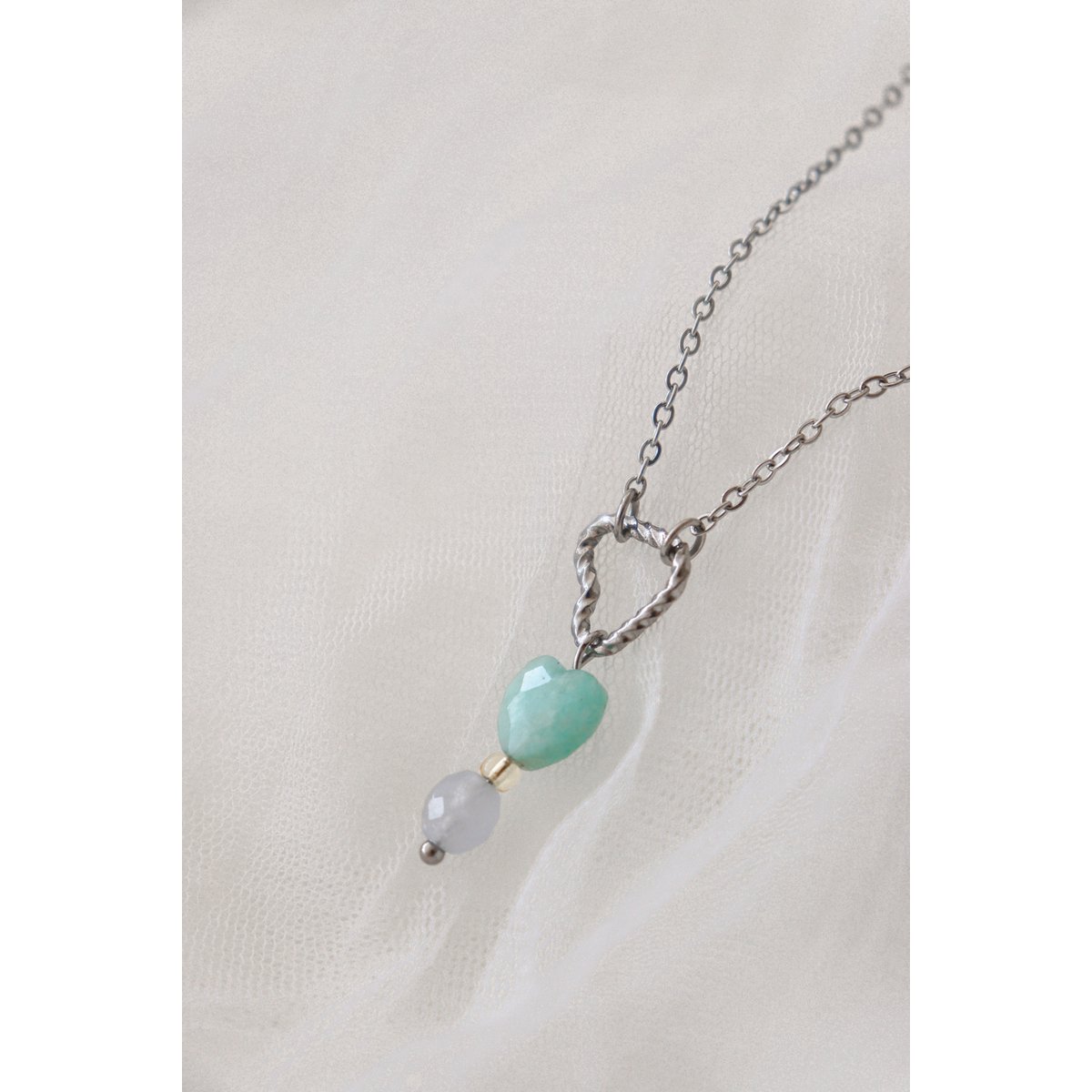 Necklace Twisted Heart, Amazonite and Aquamarine - Silver