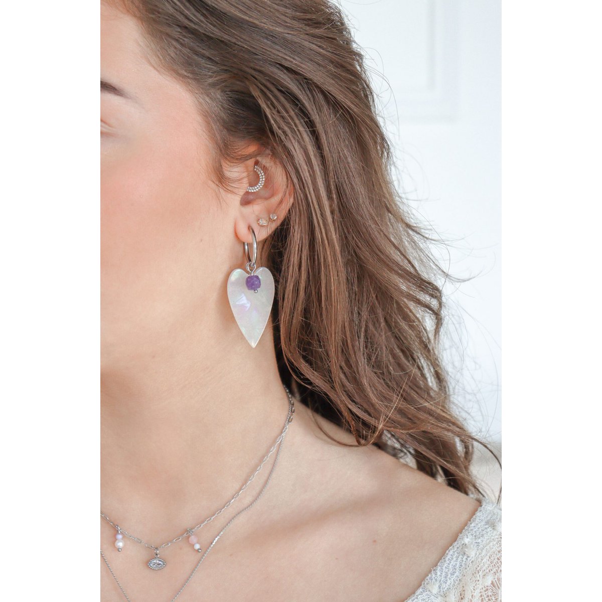 Amethyst Mother of Pearl Heart Earrings - Silver