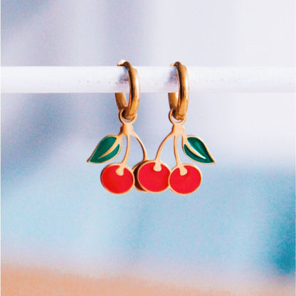 Stainless steel creoles with cherry - red/gold