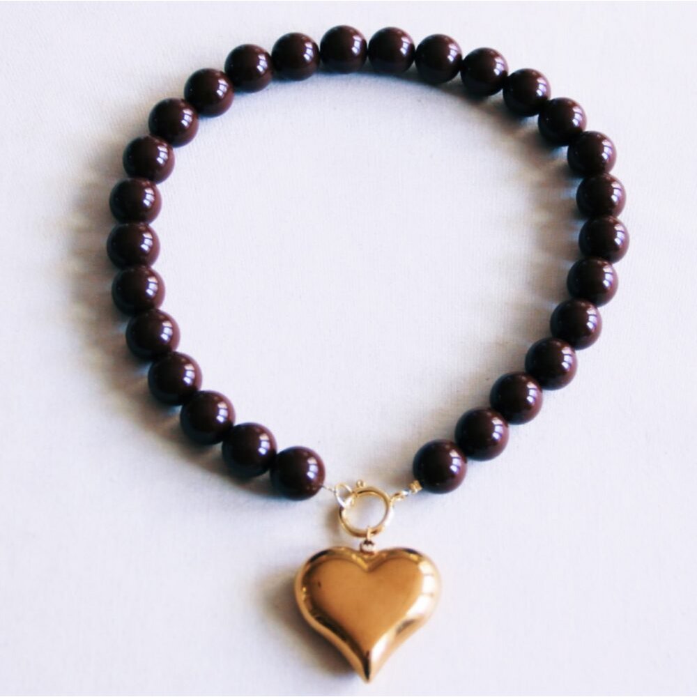 XXL beaded necklace & heart charm - dark brown