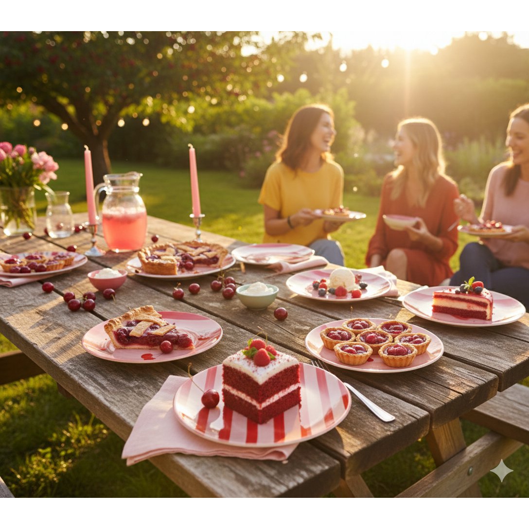 Cherry red striped dessert plates - set of 4