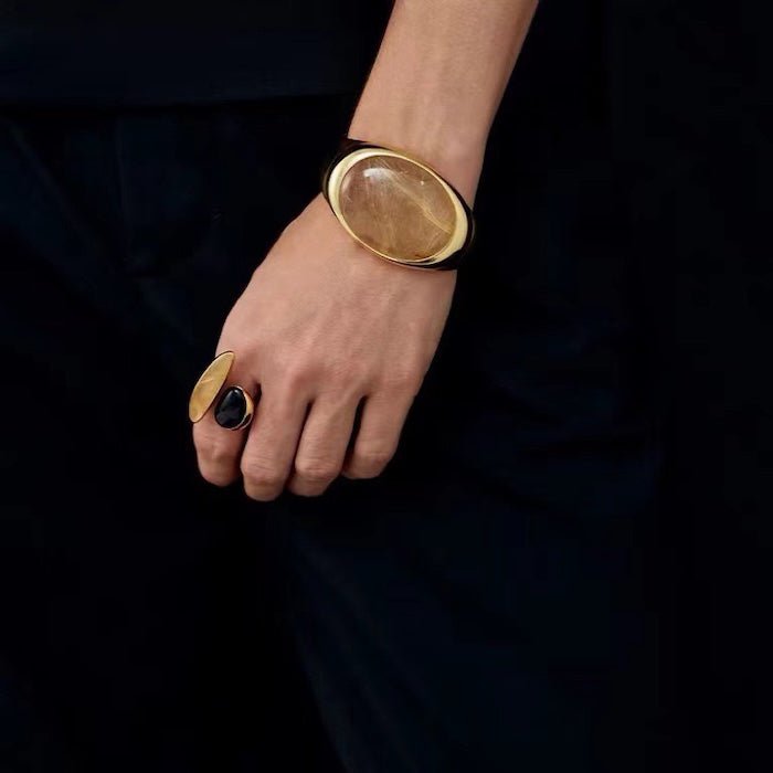 Bold Minimalist Gold Rutilated Quartz Wide Bangle