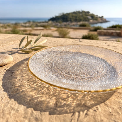 Lace pattern glass presentation plate with gold edge