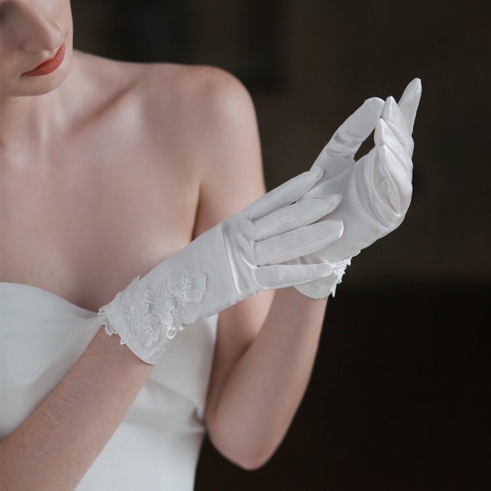 Satin White Bridal Gloves with Lace Flowers