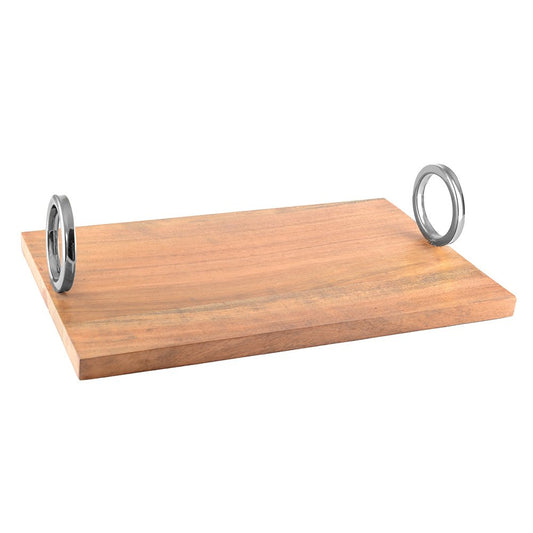 RECTANGULAR WOODEN TRAY WITH SILVER HANDLE 40X26X11CM