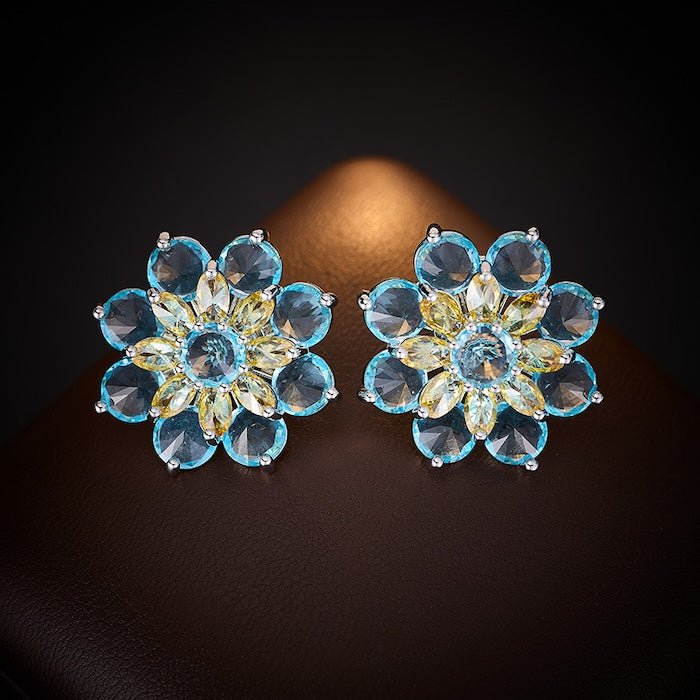 Sparkling Blue Daisy Flower Earrings