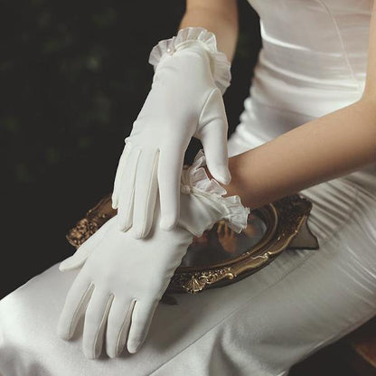 Sophisticated White Bridal Gloves with Lace Trims