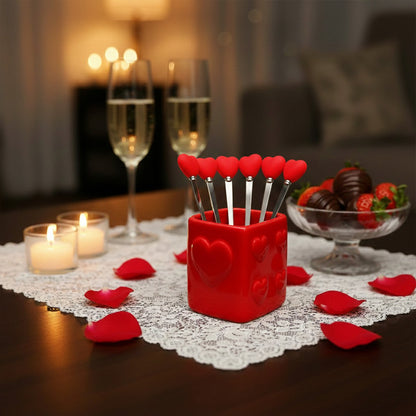 Red heart teaspoons with holder - set of 6