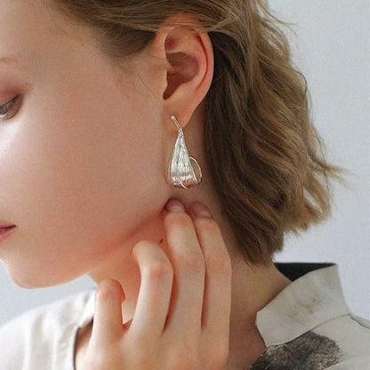 Modern Silver Curved Leaf Earrings